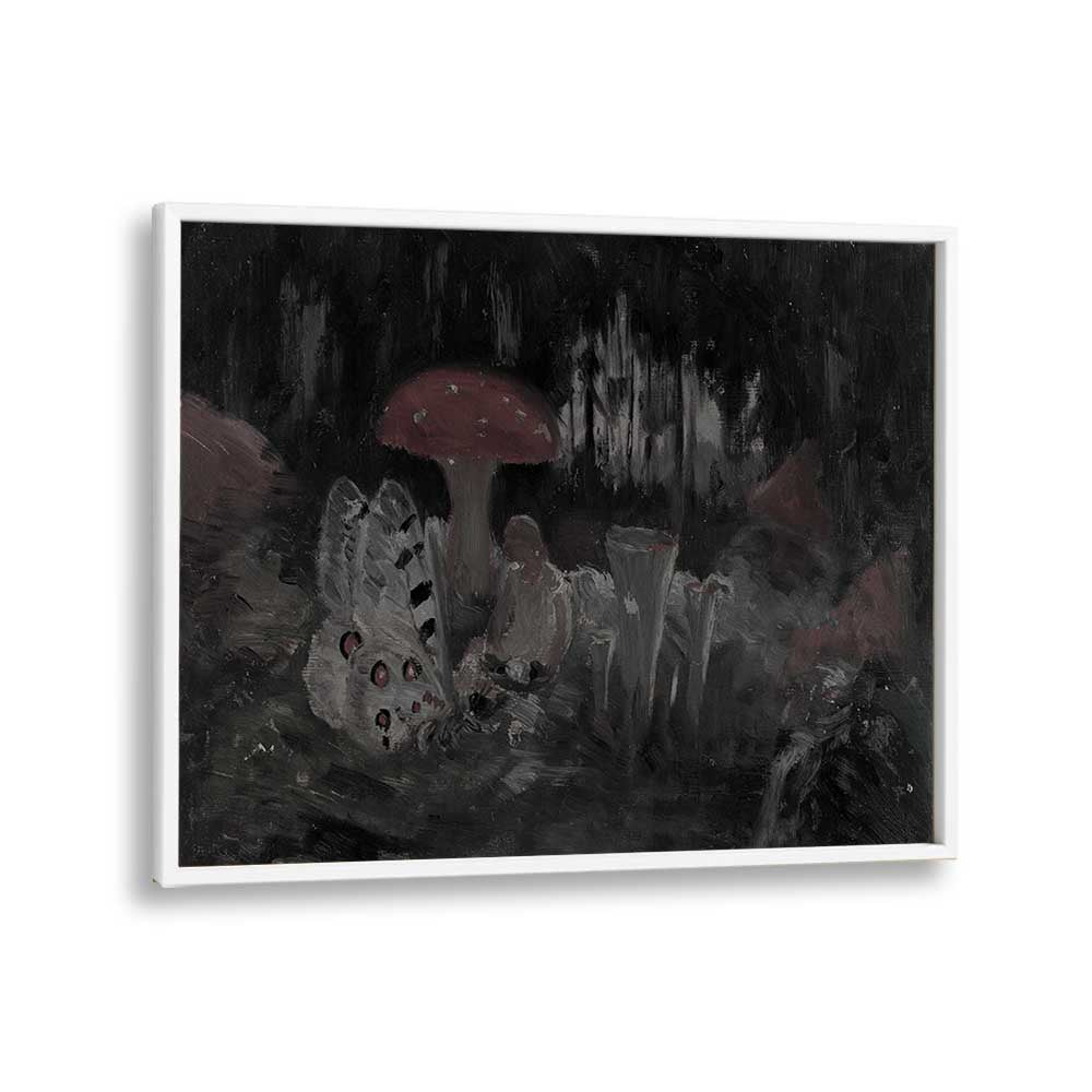 Mysteries In The Moss Whispering Mushrooms At Dawn Gothic Art Prints in White Plain Frame