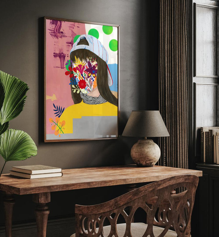 Mystic Garden by Famous When Dead Pop Art Paintings Pop Art Prints in Oak Wood Plain Frame placed on a wall behind a study table