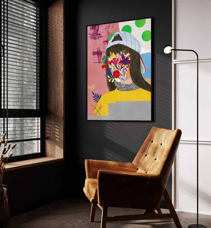 Mystic Garden by Famous When Dead Pop Art Paintings Pop Art Prints in Black Plain Frame placed on a wall beside an orange sofa and a window