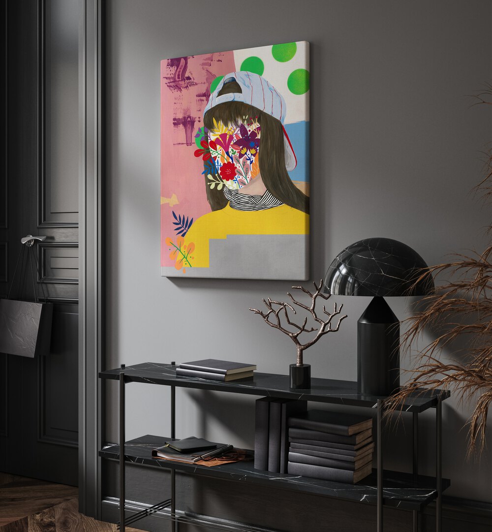 Mystic Garden by Famous When Dead Pop Art Paintings Pop Art Prints in Gallery Wrap placed on a wall behind a table and beside a door