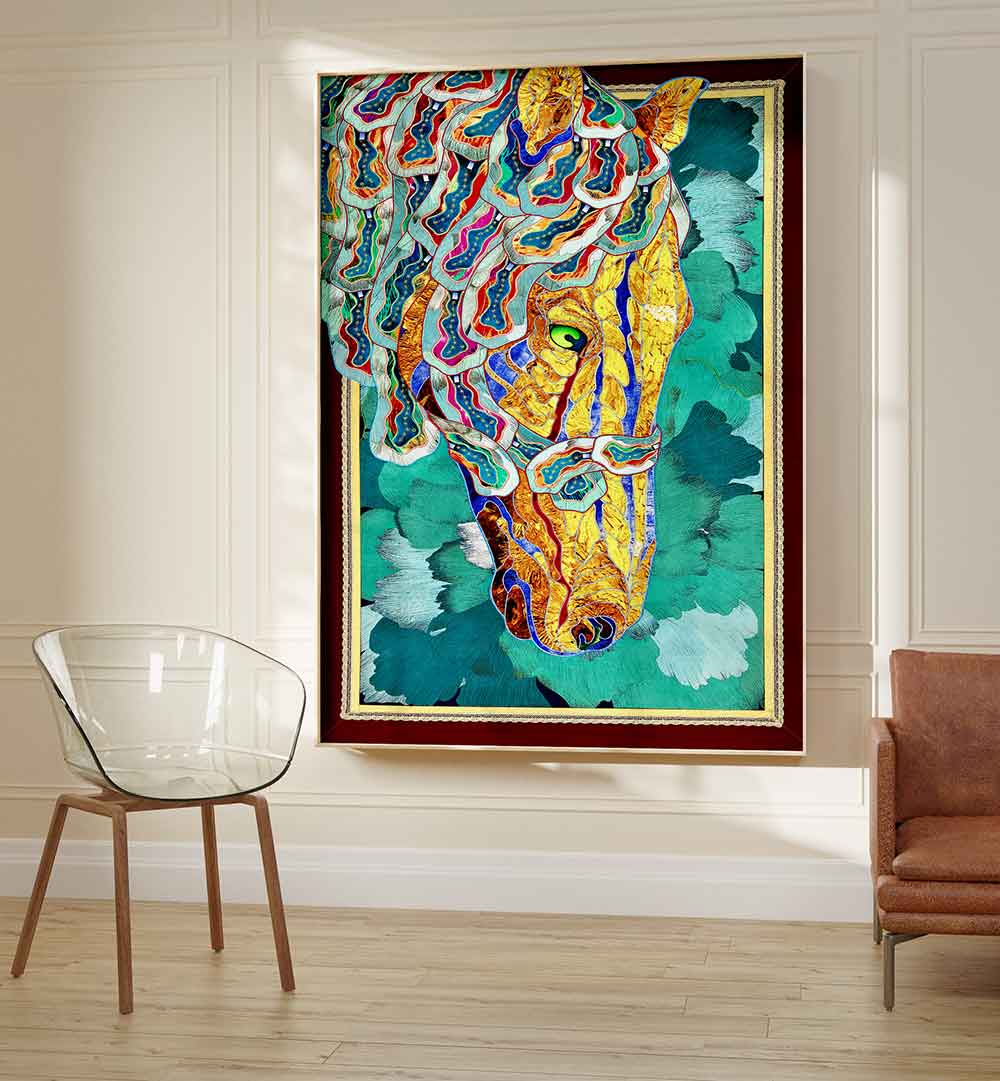 Vibrant MYSTIC MUSTANG, ANIMAL PAINTINGS showcasing a colorful horse head, perfect for art lovers' homes.