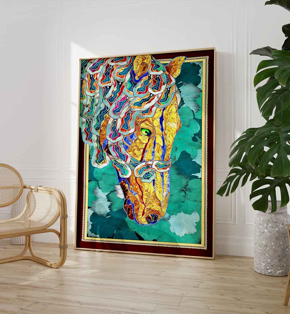 Vibrant MYSTIC MUSTANG, ANIMAL PAINTINGS showcasing a colorful horse portrait, perfect for any art lover's space.