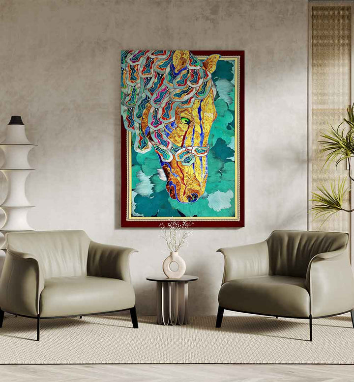 Vibrant MYSTIC MUSTANG, ANIMAL PAINTINGS artwork displayed in a modern living room setting, enhancing decor.