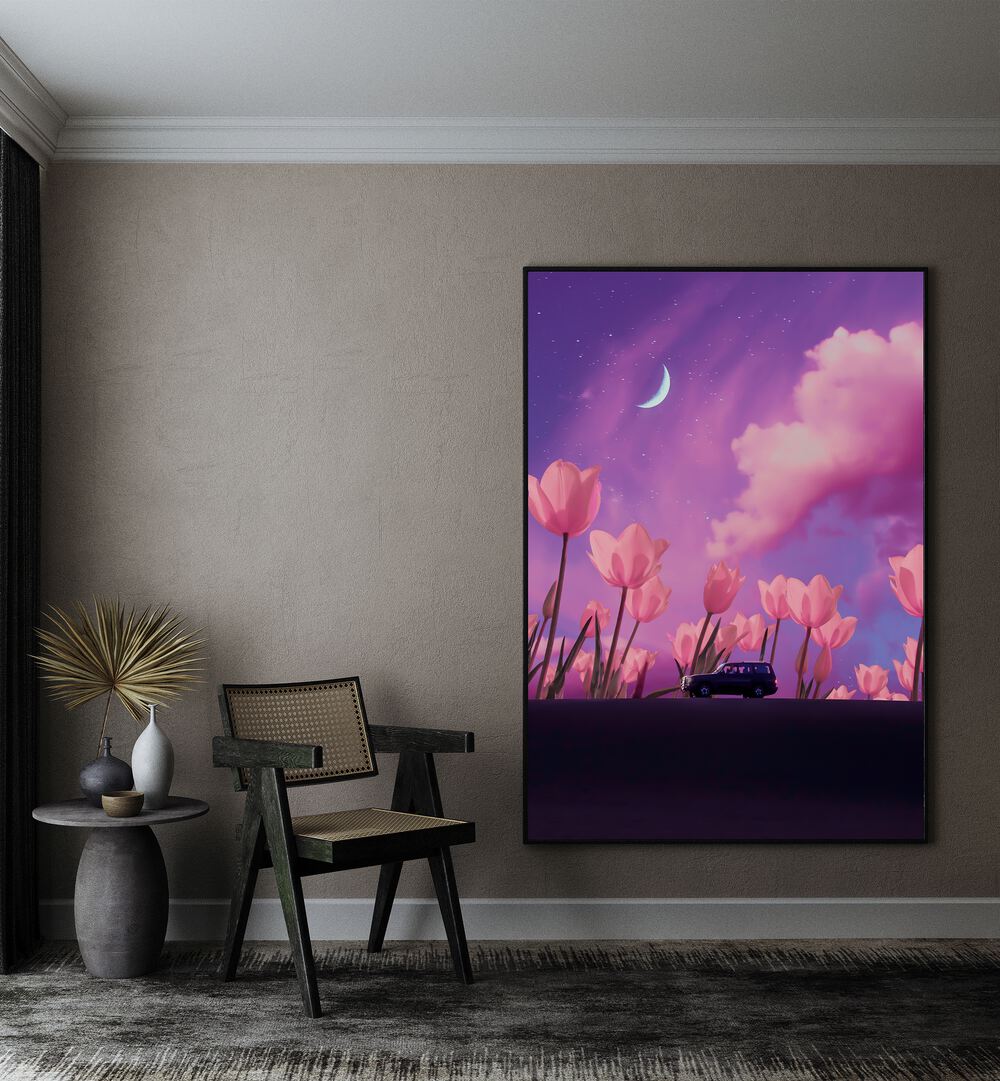 Mystical Journey By Ritvik Takkar Surreal Art Prints in Black Plain Frame placed on a Beige Colored Wall in the Drawing Room