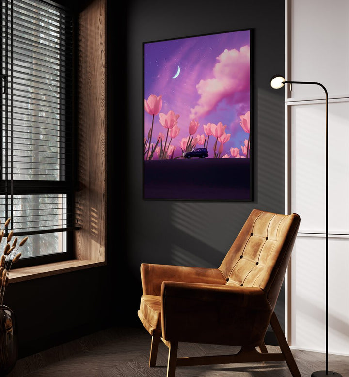 Mystical Journey By Ritvik Takkar Surreal Art Prints in Black Plain Frame placed on a Dark Grey Colored Wall in the Drawing Room