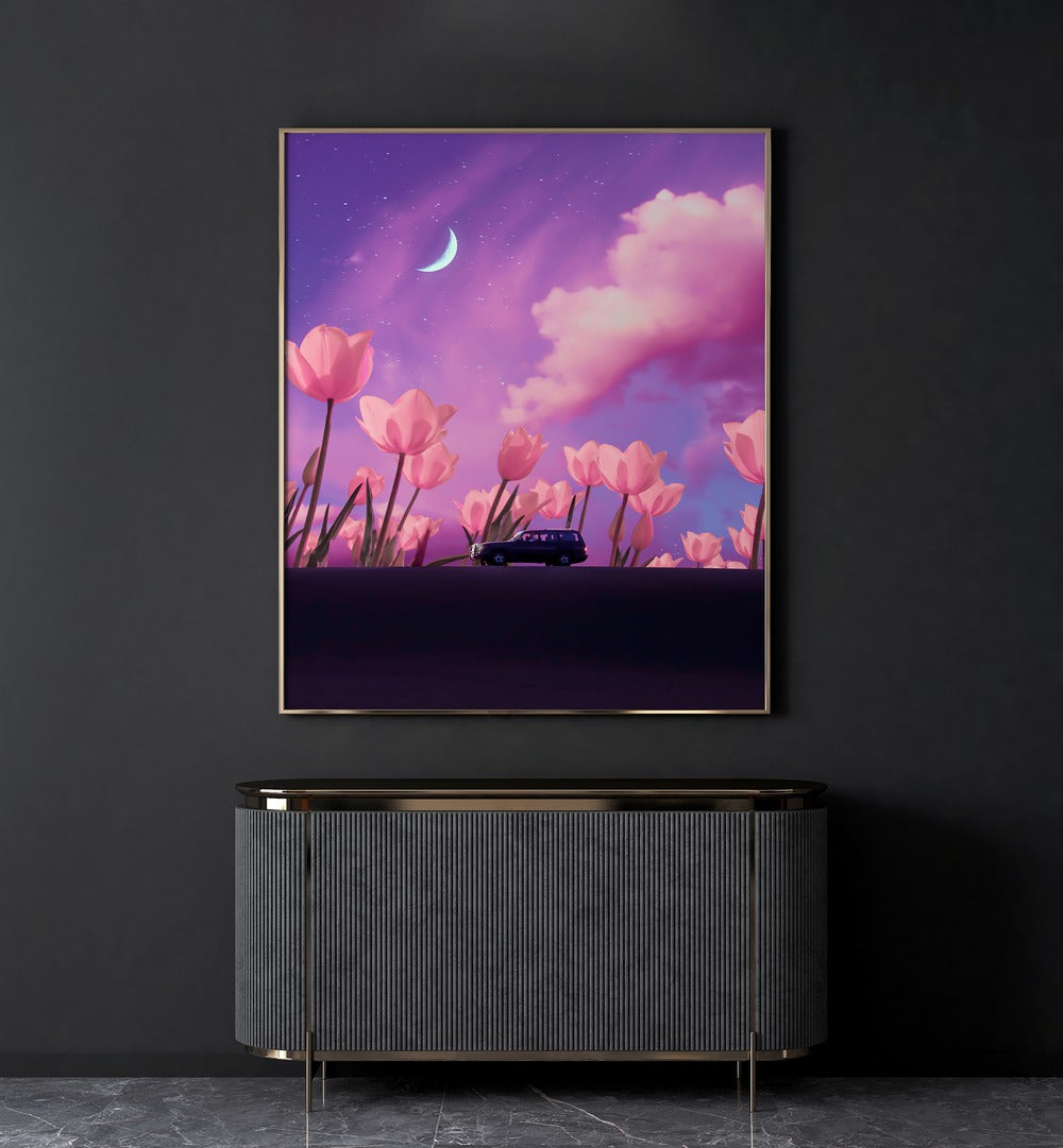 Mystical Journey By Ritvik Takkar Surreal Art Prints in Gold Plain Frame placed on a Dark Grey Colored Wall above a Console Table in the Drawing Room