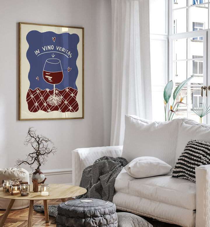 N Vino Veritas by Studio Dolci Kitchen Art Prints in Oak Wood Floater Frame placed beside a sofa on a wall