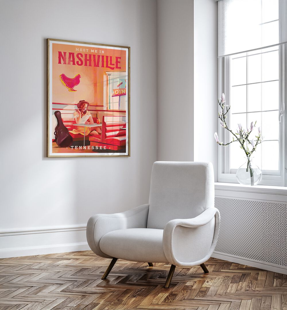 Vibrant Nashville Tennessee Redhead, Bar art poster adds Southern charm to your space, celebrating music and femininity.