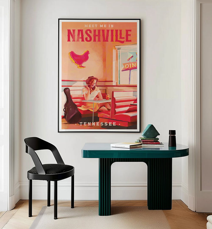 Vibrant Nashville Tennessee Redhead, Bar art captures Southern charm and music spirit in a café setting.