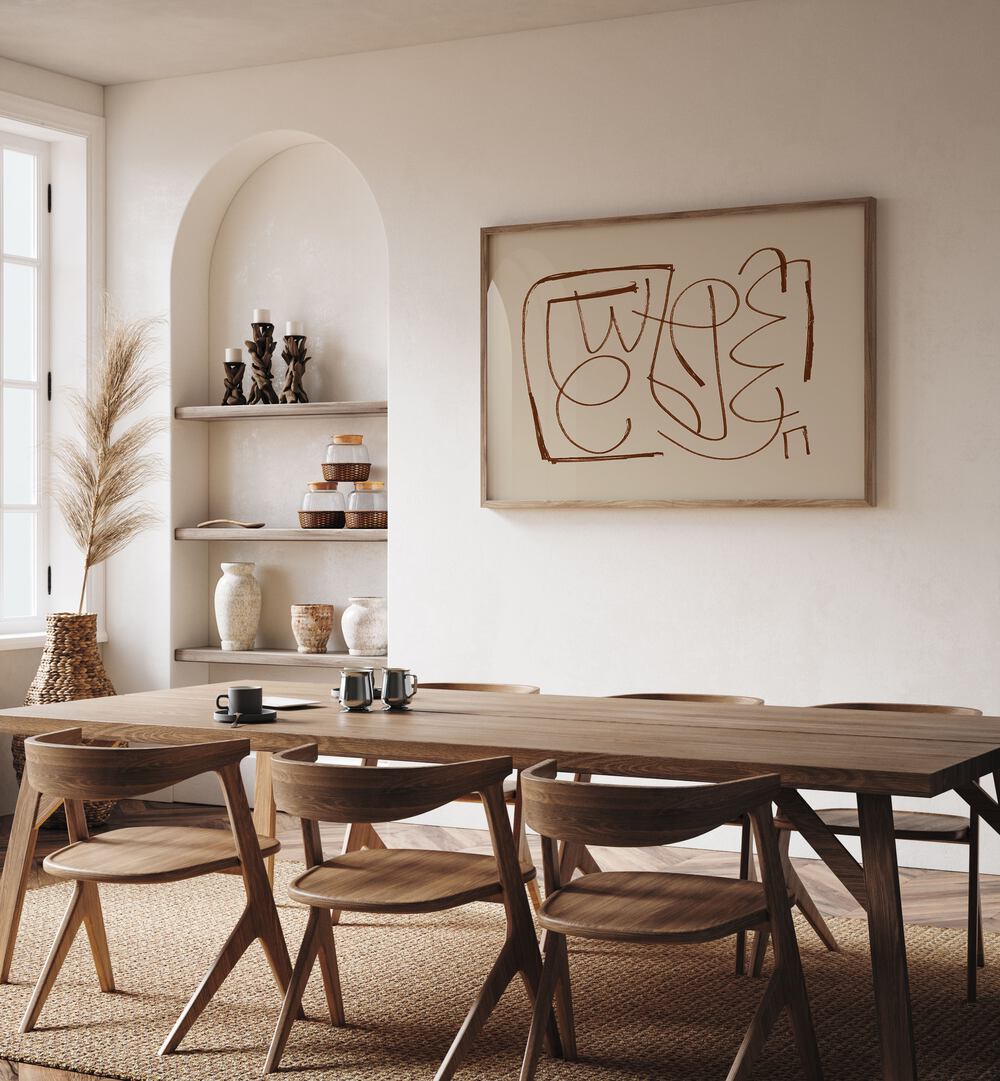 Stunning NATIVE, ABSTRACT PAINTINGS enhance modern dining spaces with vibrant colors and creative designs.