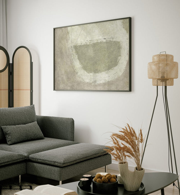 Serene NEUTRAL CALM, ABSTRACT PAINTINGS enhancing a modern living room with tranquility and sophistication.