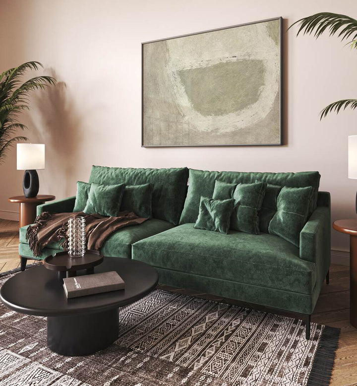 Serene living room featuring NEUTRAL CALM, ABSTRACT PAINTINGS that enhance tranquility and sophistication.