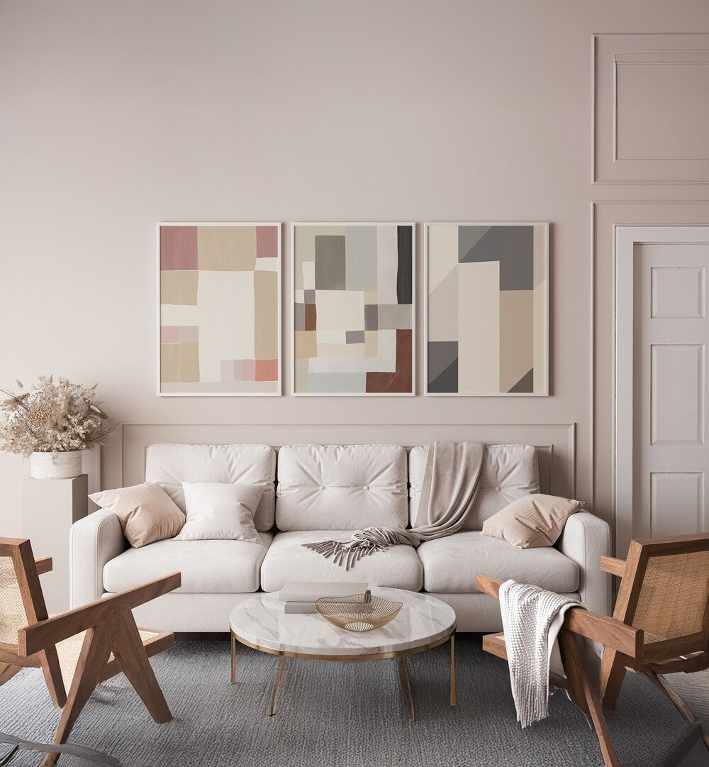 NEUTRAL MINIMALISM ABSTRACT SET , SET OF 3 PAINTINGS