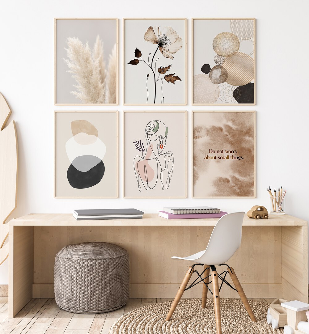 Stylish NEUTRAL NOMAD SET, SET OF 6 PAINTINGS adds curated elegance to any minimalist living space.