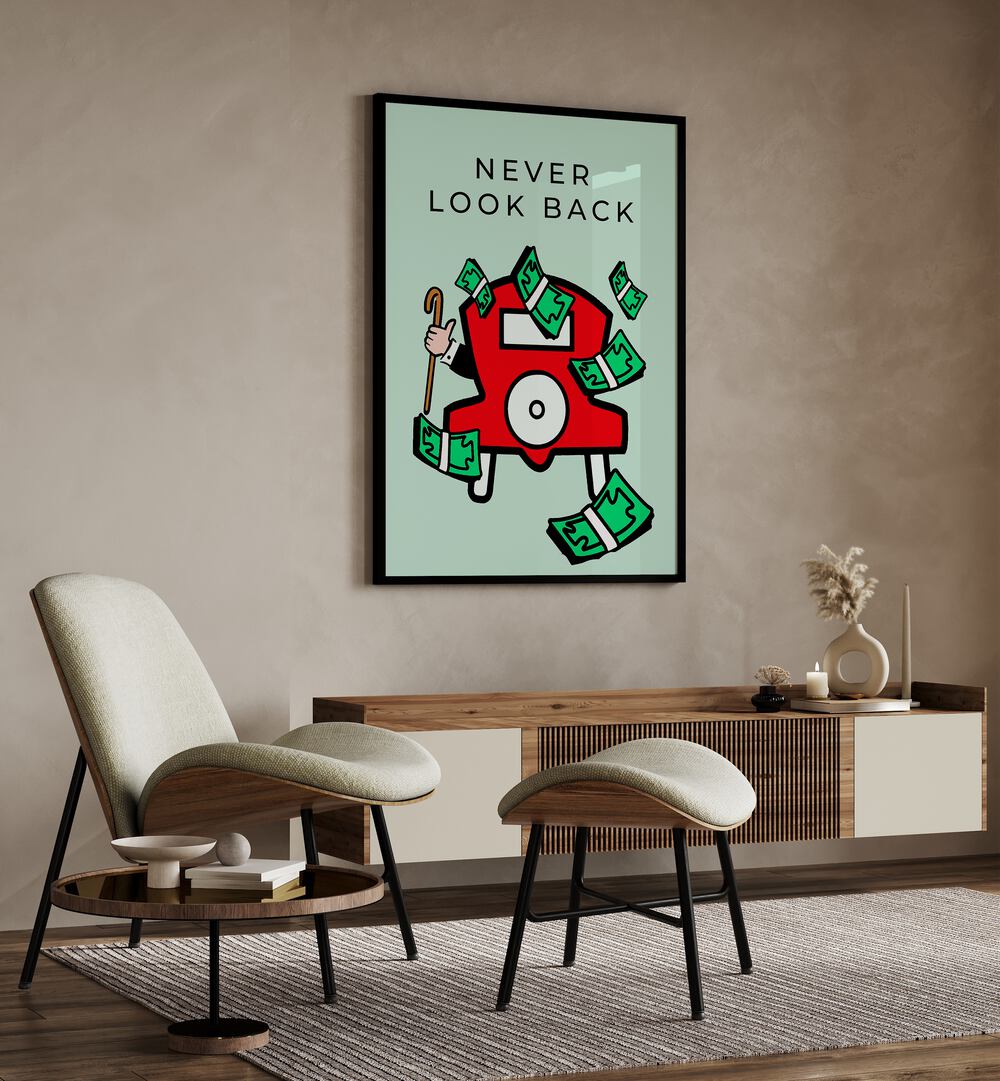 Never Look Back Money Art Artwork in plain black frame hanging on wall above console table in living space