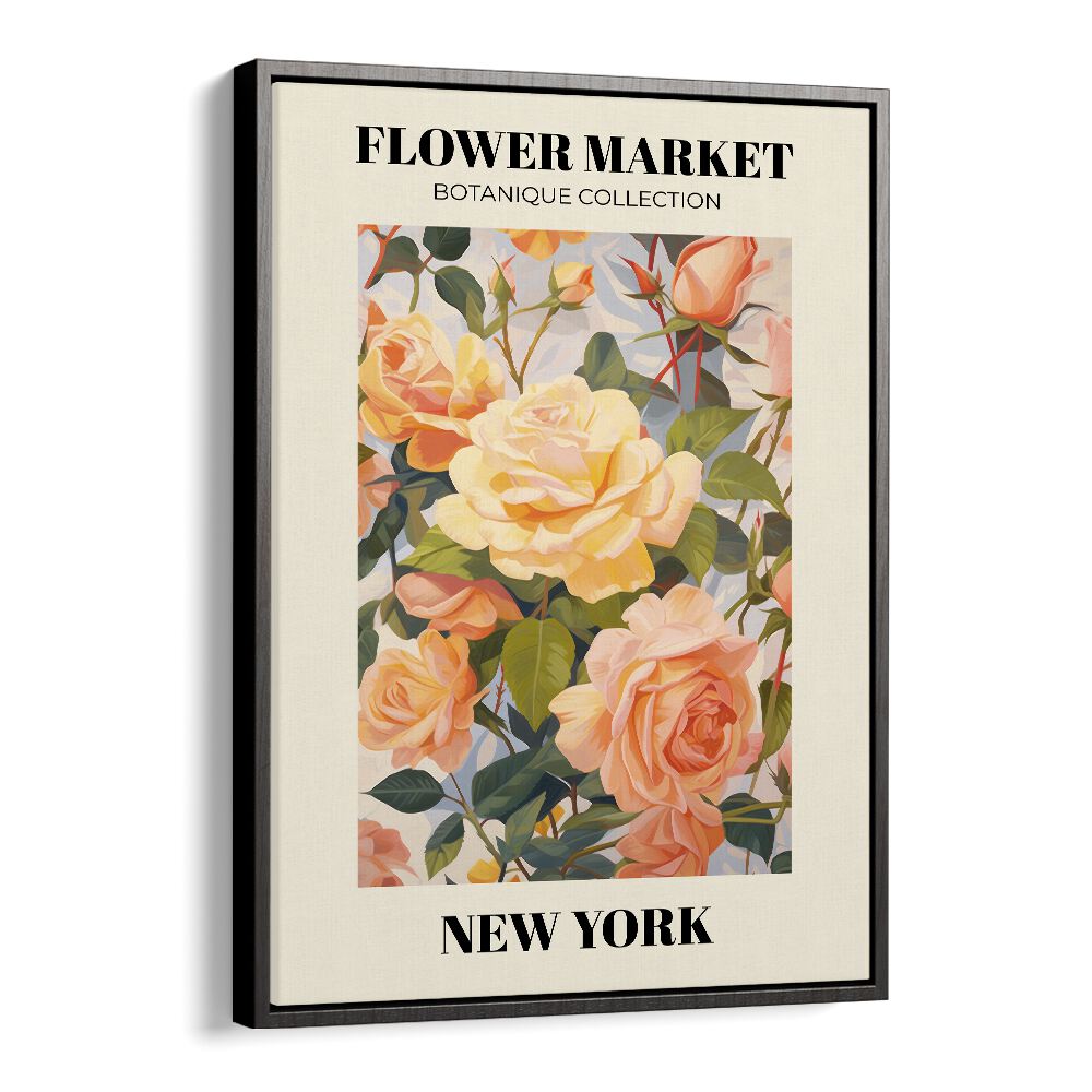 New York- Flower Marketo  Botanical Flower Paintings Artwork  in Black Floater Frame