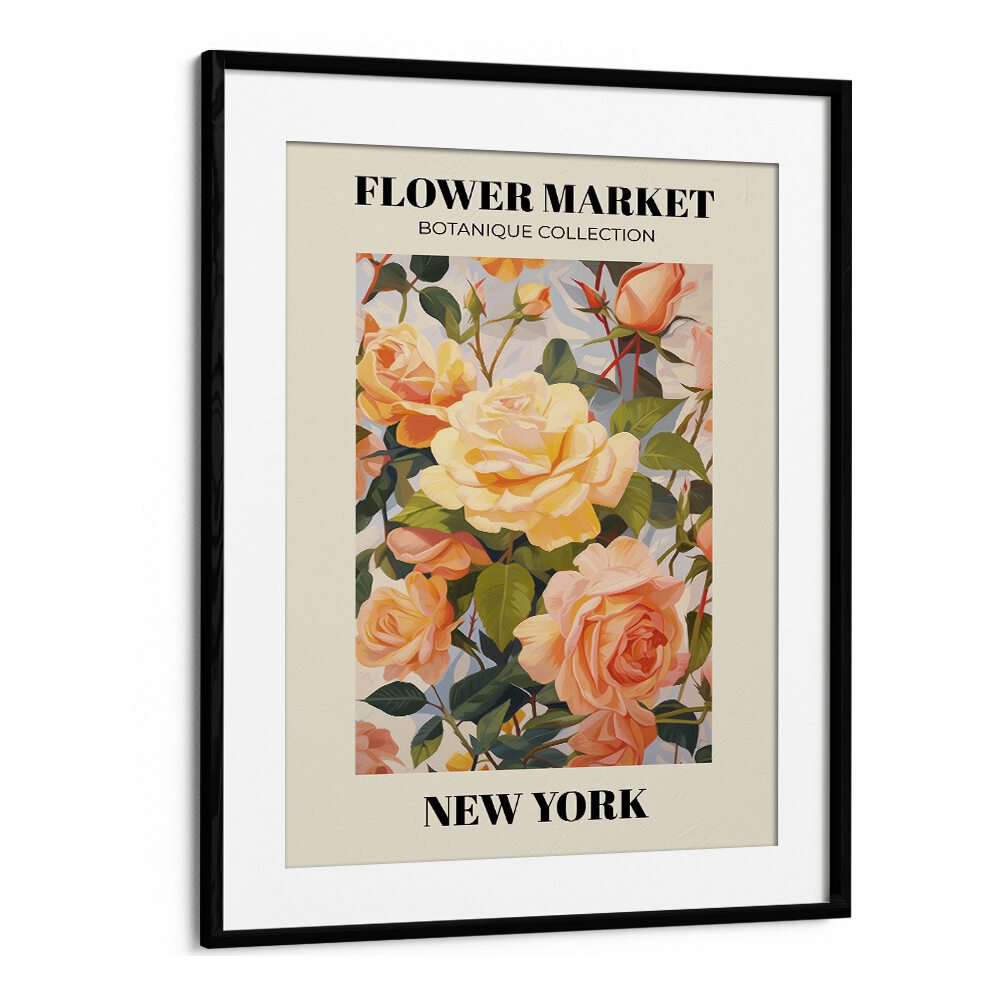 New York-  Flower Marketo   Botanical Flower Paintings Artwork  in Black Frame With Mount