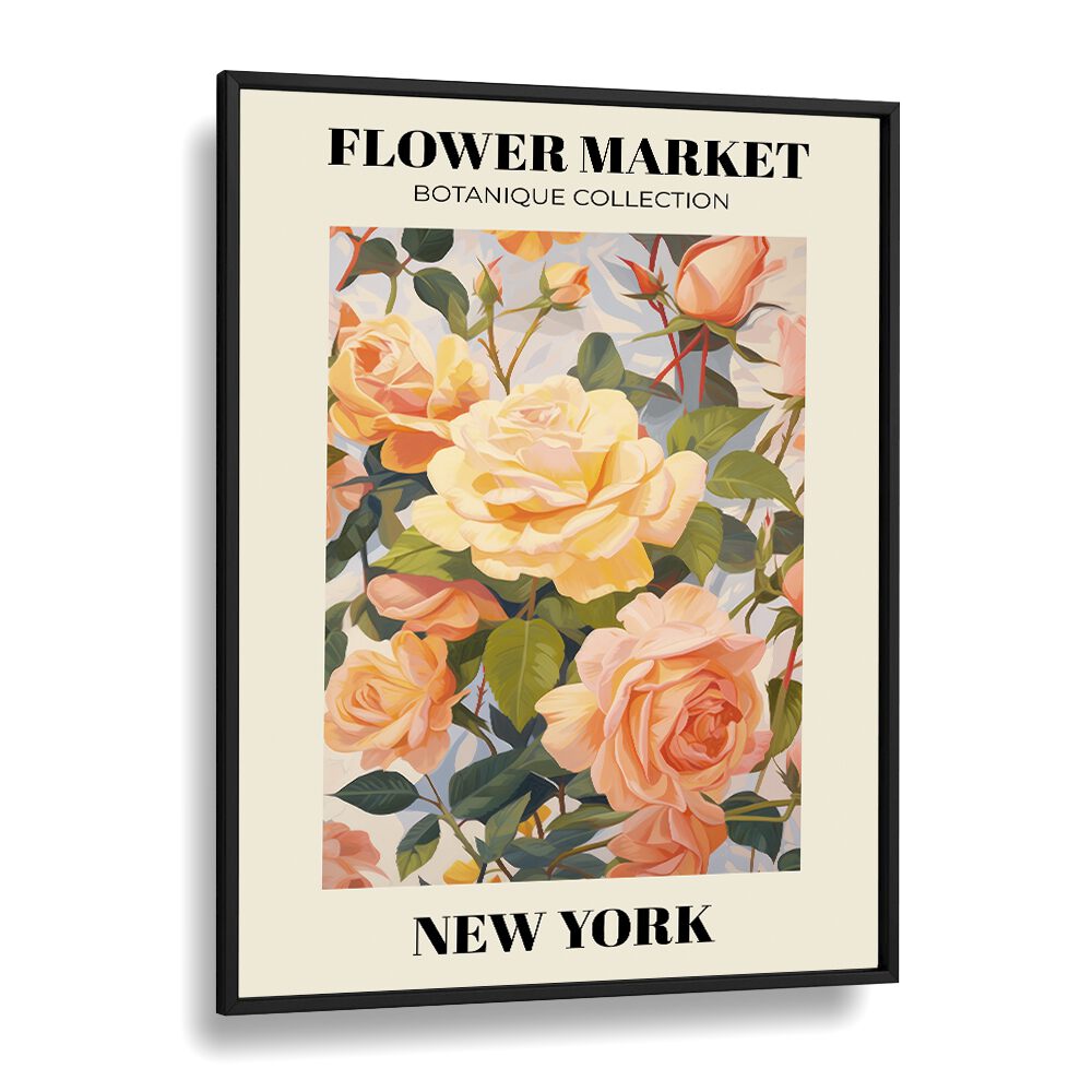 New York- Flower Marketo   Botanical Flower Paintings Artwork  in Black Plain Frame