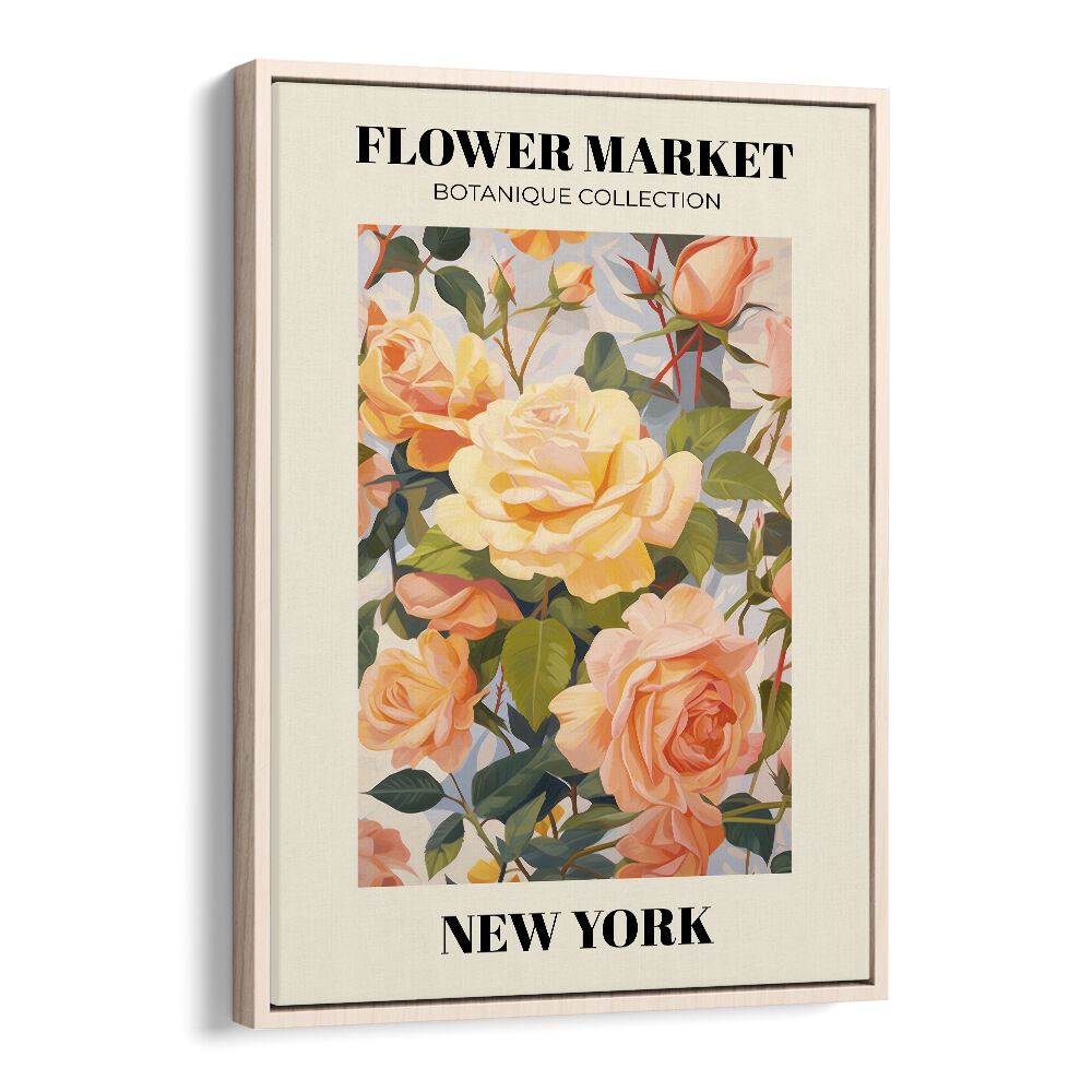 New York- Flower Marketo    Botanical Flower Paintings Artwork in Oak Wood Floater Frame