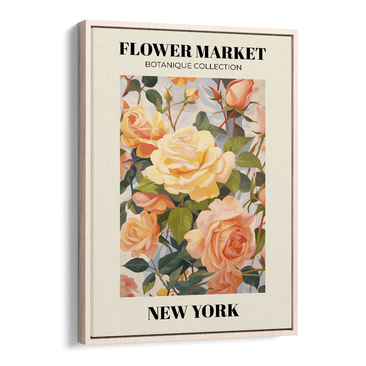 New York- Flower Marketo    Botanical Flower Paintings Artwork in Oak Wood Floater Frame