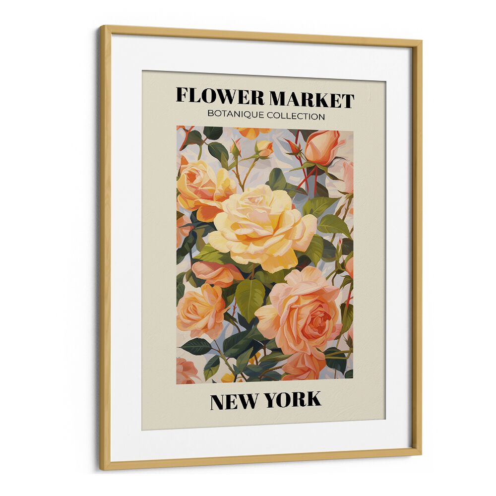 New York-  Flower Marketo   Botanical Flower Paintings Artwork in Oak Wood Frame With Mount