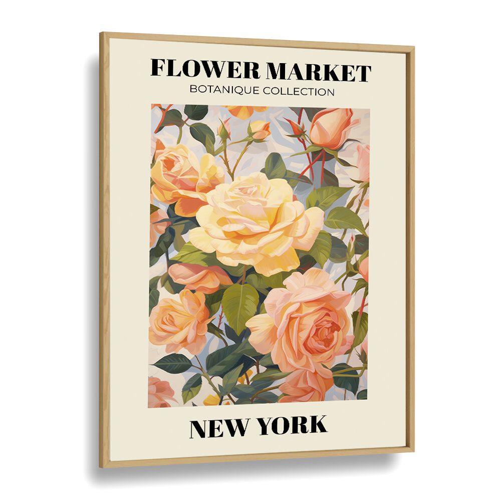 New York- Flower Marketo   Botanical Flower Paintings Artwork in Oak Wood Plain Frame