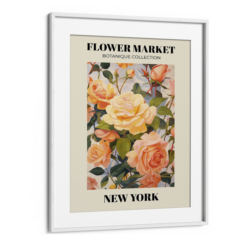 New York-  Flower Marketo   Botanical Flower Paintings Paintings Artwork  in White frame With Mount