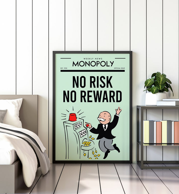 No Risk No Reward Money Art Artwork in plain black frame kept on floor in bedroom