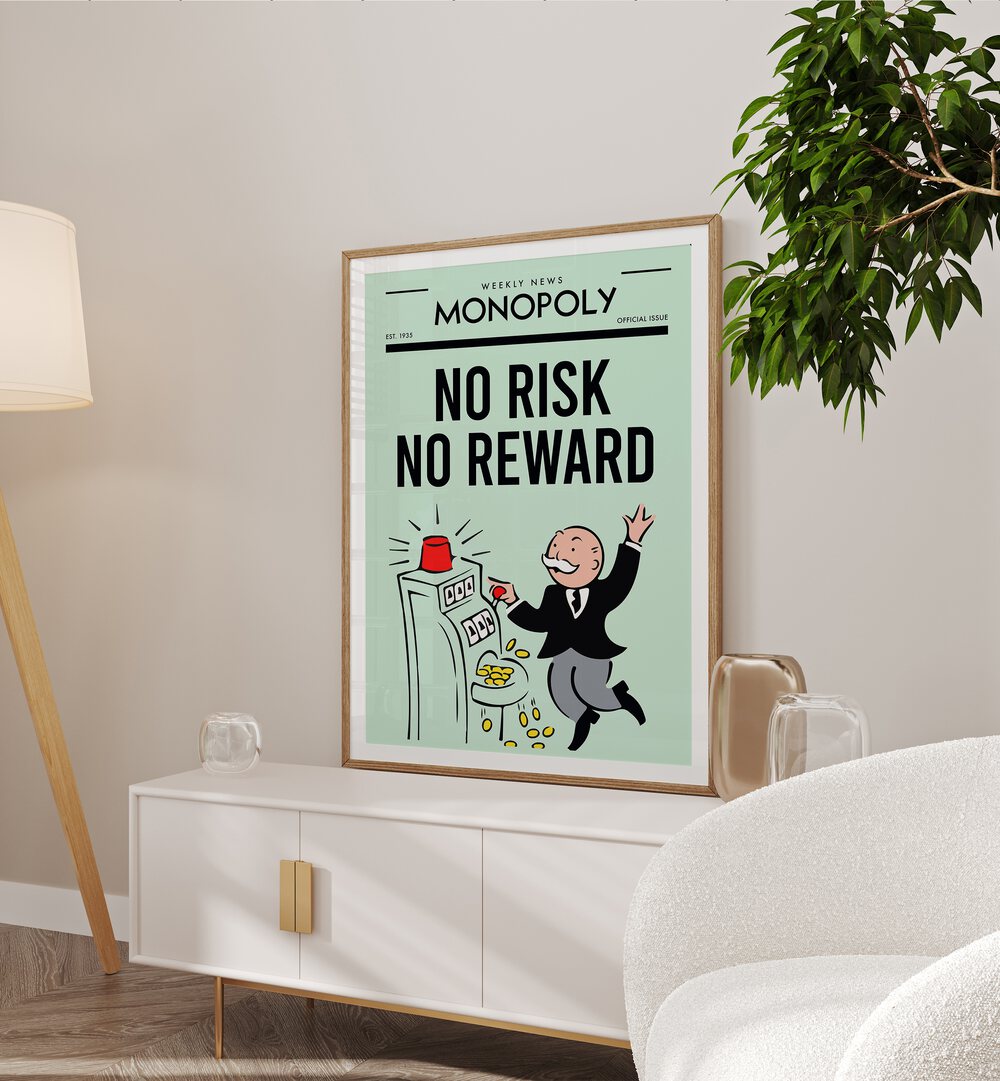 No Risk No Reward Money Art Artwork in oak wood frame with mount kept on console table