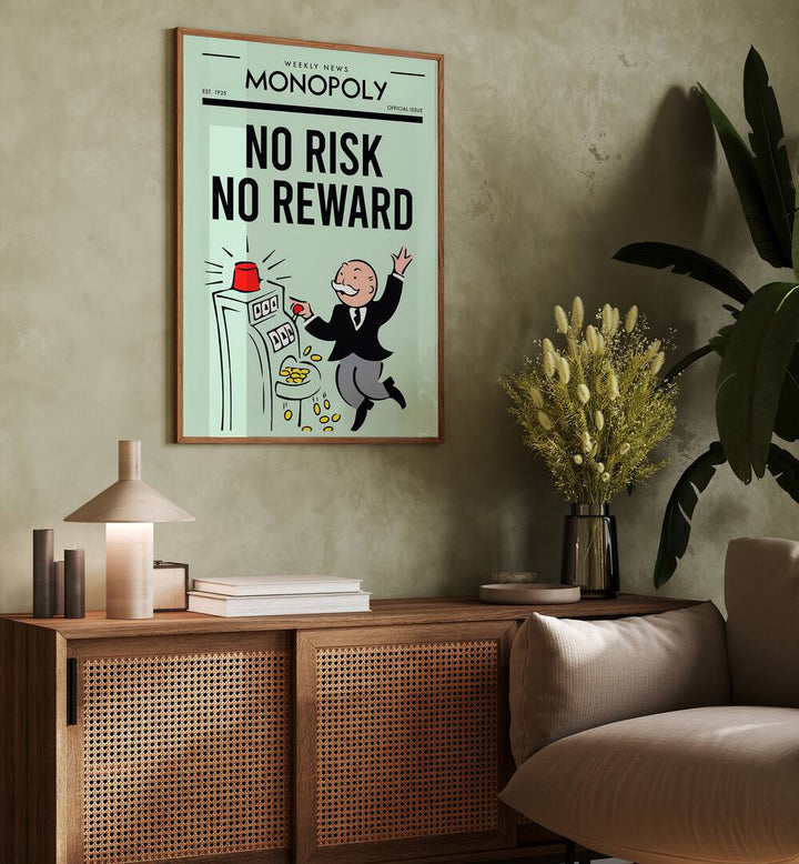 No Risk No Reward Money Art Artwork in plain oak wood frame hanging on wall above console table