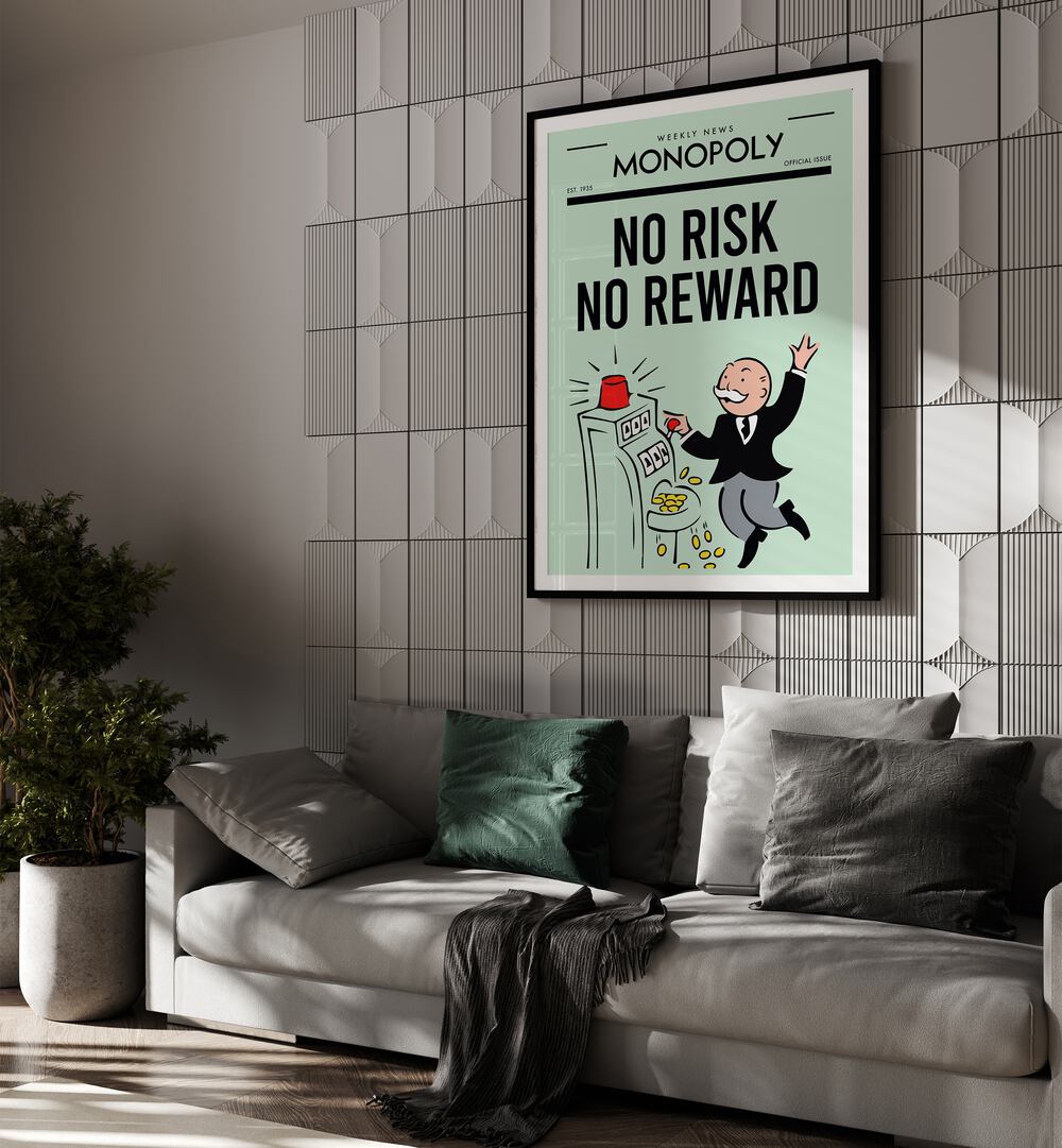 No Risk No Reward Money Art Artwork in black frame with mount hanging on wall above sofa in living space