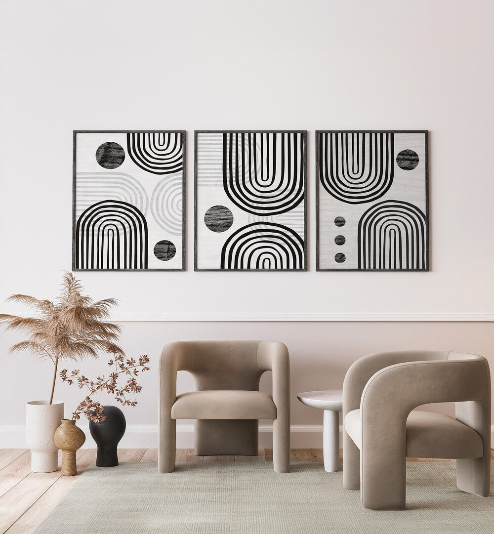 Chic NOIR BOHO FORMS SET, SET OF 3 PAINTINGS adds modern elegance to your living space décor. Perfect for any room.