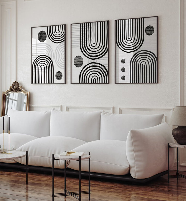 Stylish NOIR BOHO FORMS SET, SET OF 3 PAINTINGS enhances modern home décor with chic, geometric designs.