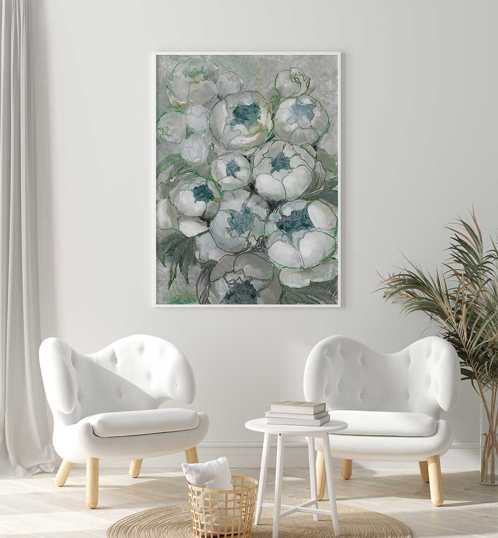 NURIA BOUQUET OF PEONIES IN TEAL AND GREEN , FLORAL FLOWER PAINTINGS