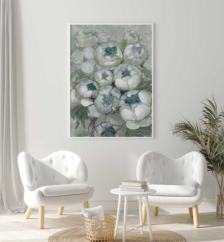 NURIA BOUQUET OF PEONIES IN TEAL AND GREEN , FLORAL FLOWER PAINTINGS