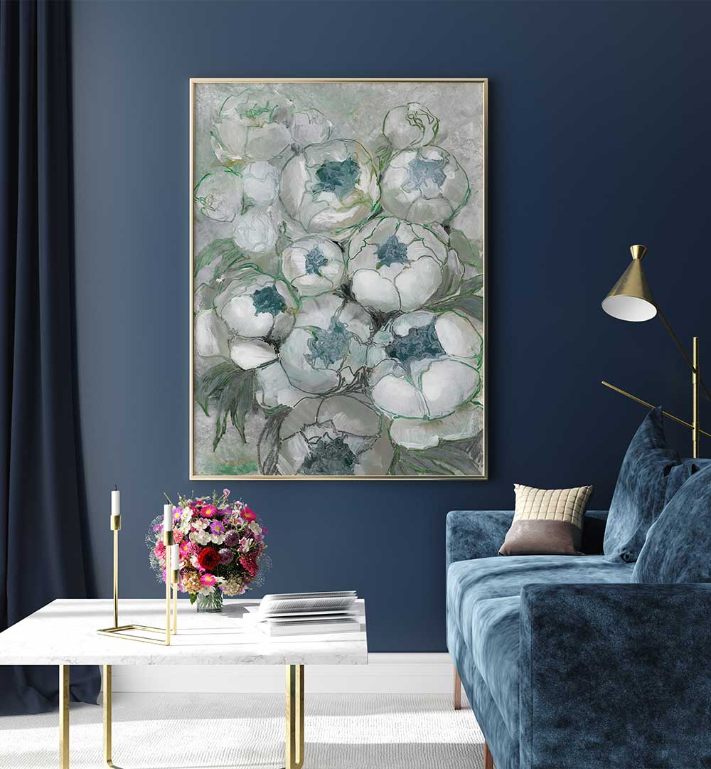 NURIA BOUQUET OF PEONIES IN TEAL AND GREEN , FLORAL FLOWER PAINTINGS