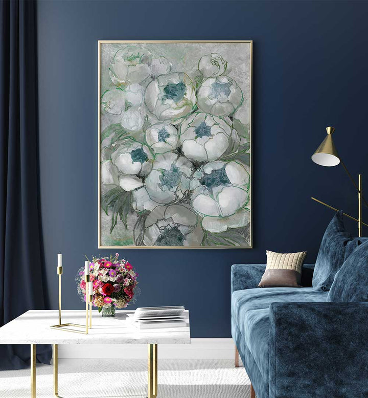 NURIA BOUQUET OF PEONIES IN TEAL AND GREEN , FLORAL FLOWER PAINTINGS