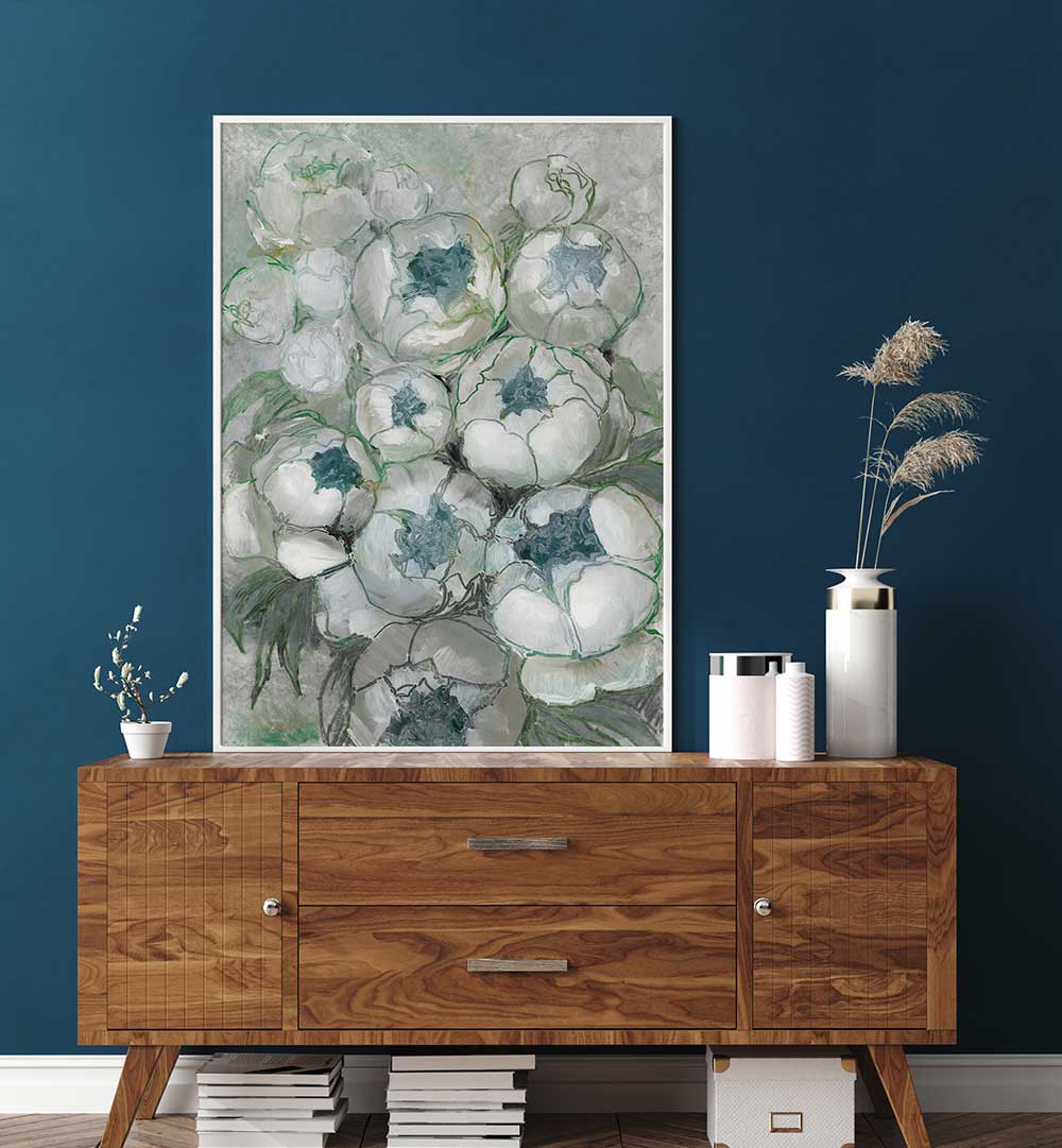 NURIA BOUQUET OF PEONIES IN TEAL AND GREEN , FLORAL FLOWER PAINTINGS