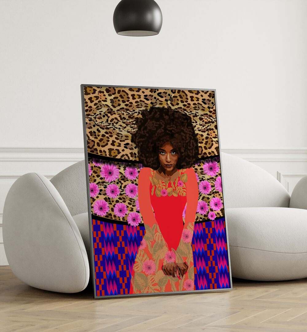 Nairobi Beauty By Lynnda Rakos Pop Art Paintings Pop Art Prints in Black Plain Frame placed on the floor beside a sofa