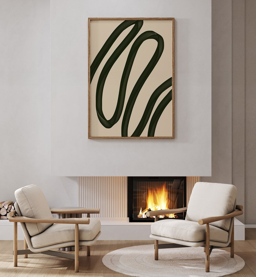 Nana by Yopie Studio Abstract Paintings Abstract Art Prints in Oak Wood Plain Frame placed on the wall above a hearth behind chairs