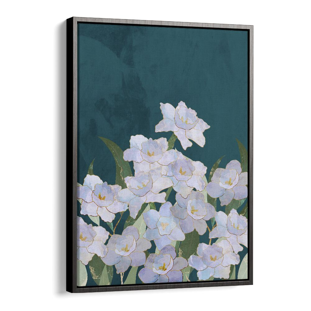 Narcissuss Flowers Turquouise By Sarah Manovski Botanical Art Print in Black Floater Frame