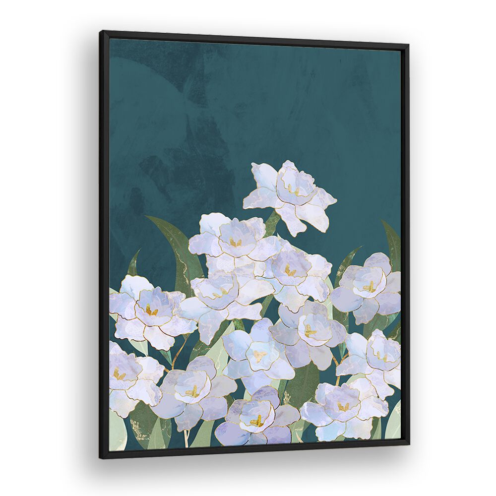 Narcissuss Flowers Turquouise By Sarah Manovski Botanical Art Print in Black Plain Frame