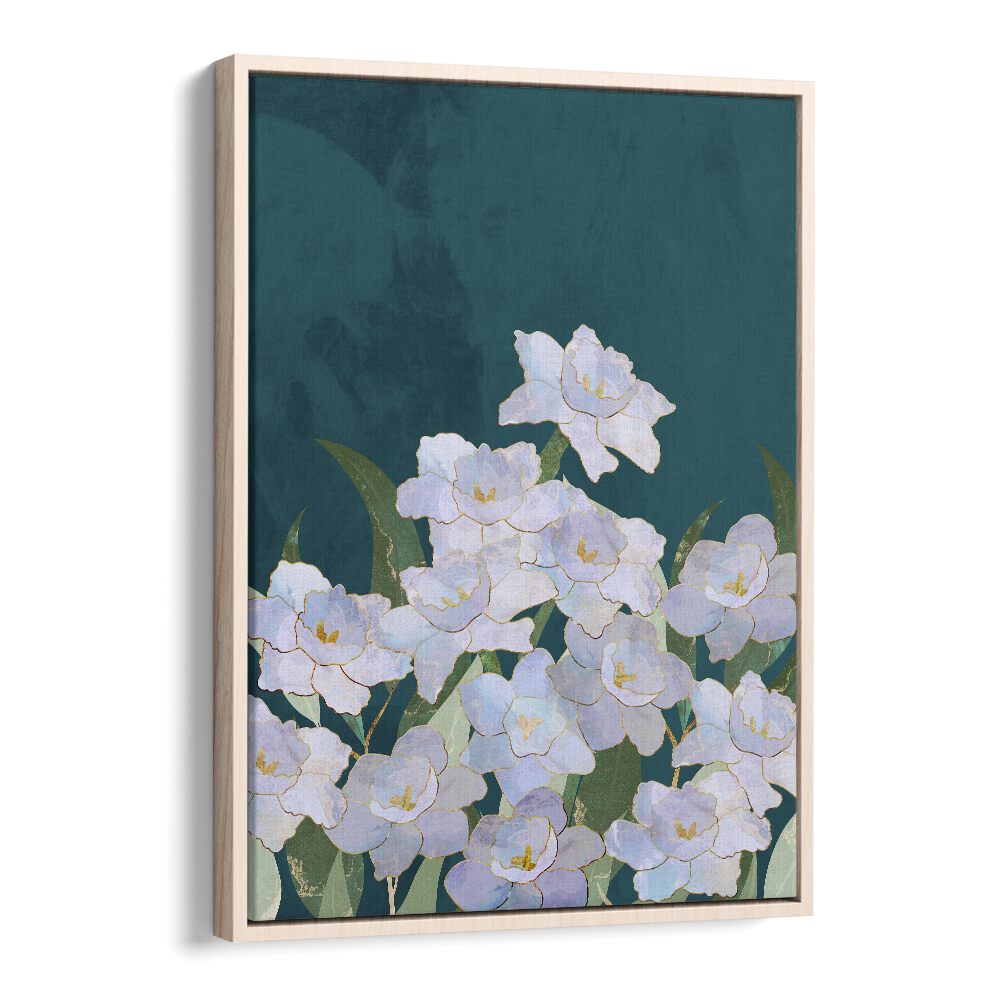 Narcissuss Flowers Turquouise By Sarah Manovski Botanical Art Print in Oak Wood Floater Frame