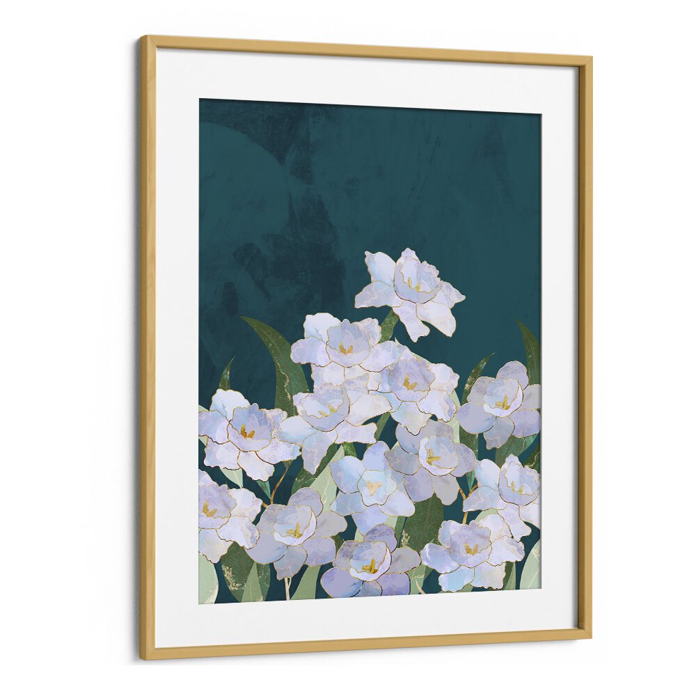 Narcissuss Flowers Turquouise By Sarah Manovski Botanical Art Print in Oak Wood Frame With Mount