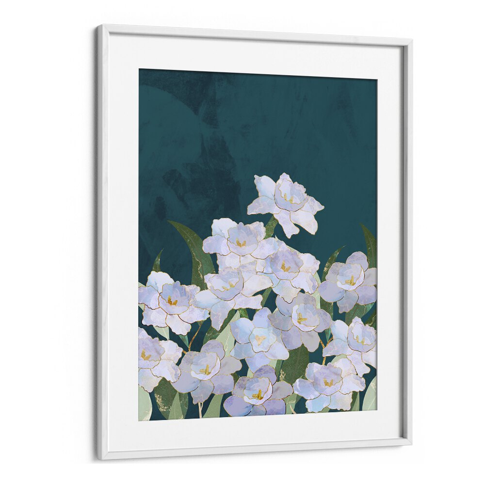 Narcissuss Flowers Turquouise By Sarah Manovski Botanical Art Print in White Frame With Mount