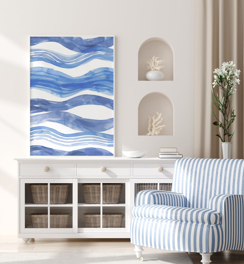 Nautical Notes V Beach Prints Coastal Wall Art in White Plain Frame placed on a white table beside a sofa