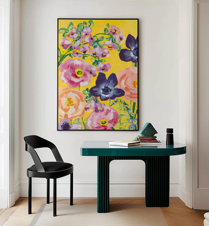 Navy Anemones On Yellow By Ania Zwara Botanical Art Prints Floral Paintings in Black Plain Frame placed on a Cream Colored Wall near a Table in a Workspace in the Drawing Room