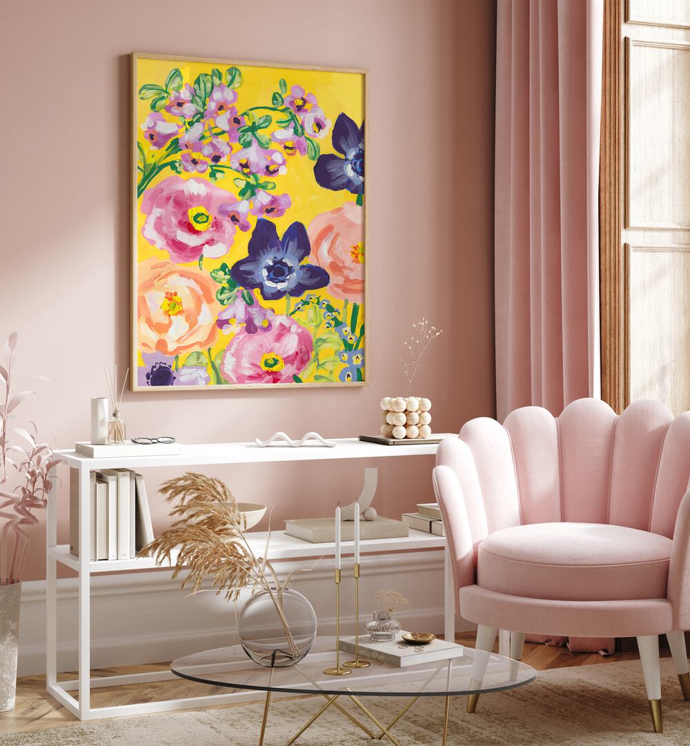 Navy Anemones On Yellow By Ania Zwara Botanical Art Prints Floral Paintings in Oak Wood Plain Frame placed on a Pink Colored Wall above a Console Table in the Drawing Room