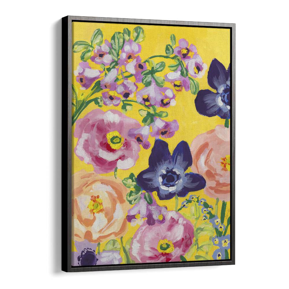 Navy Anemones On Yellow By Ania Zwara Botanical Art Prints Floral Paintings in Black Floater Frame