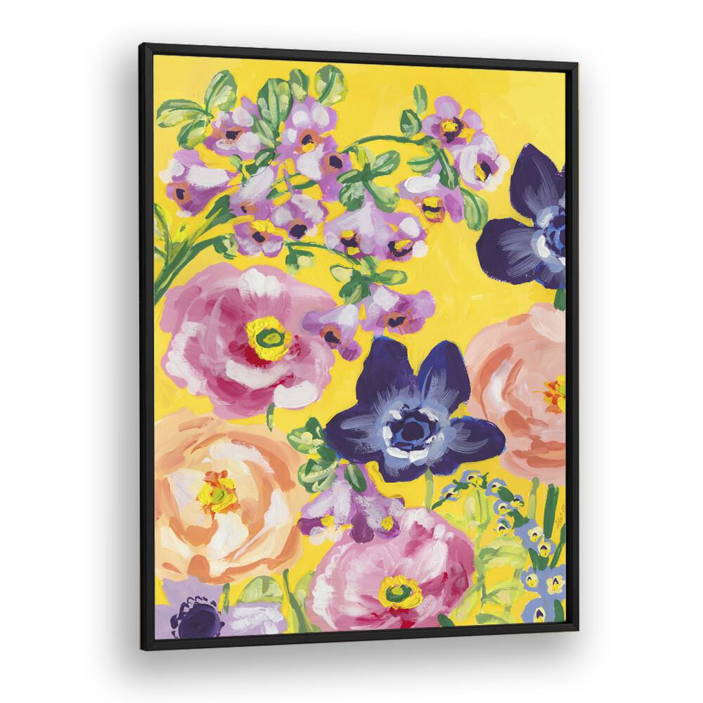 Navy Anemones On Yellow By Ania Zwara Botanical Art Prints Floral Paintings in Black Plain Frame